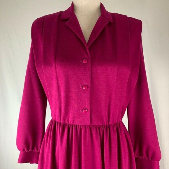 Serbin Dresses & Skirts - Vintage 80s Shirt Dress 8 Pink Elastic Waist Button Top Shoulder Pads Pockets